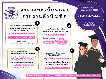 การลงทะเบียนและรายงานตัวบัณฑิต
ผู้สำเร็จการศึกษา ประจำปีการศึกษา 2568
รอบที่ 5/2568 ที่ reg.ssru.ac.th